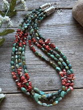 Load image into Gallery viewer, Sterling Silver Multi Strand Blue Green Turquoise Spiny Oyster Bead Necklace 20”