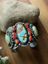 Load image into Gallery viewer, Navajo Native American Sterling Silver Royston Turquoise Coral Cuff Bracelet CY