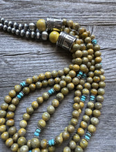 Load image into Gallery viewer, Sterling Silver Multi Strand Bumblebee Jasper Turquoise Pearls Bead Necklace 24”