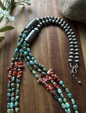 Load image into Gallery viewer, Sterling Silver Multi Strand Blue Green Turquoise Spiny Oyster Bead Necklace 30”