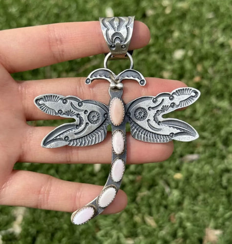 Navajo Native American Sterling Silver Pink Conch Dragonfly Pendant. EL Billah