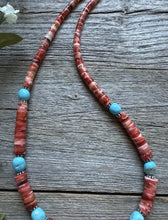 Load image into Gallery viewer, Heishi Sterling Silver Sleeping Beauty Turquoise Spiny Oyster Bead Necklace 18”
