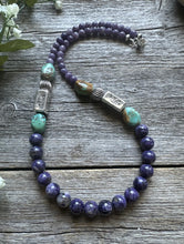 Load image into Gallery viewer, Southwestern Sterling Silver Charoite Turquoise Kokopelli Bead Necklace. 20 Inch