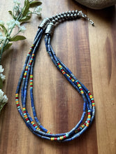 Load image into Gallery viewer, Sterling Silver Multi Strand Stone Heishi Lapis Pearls Bead Necklace 24 inch