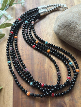 Load image into Gallery viewer, Sterling Silver Multi Strand Stone Black Onyx Bead Necklace. 22 Inch