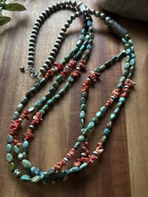Load image into Gallery viewer, Sterling Silver Multi Strand Blue Green Turquoise Spiny Oyster Bead Necklace 30”