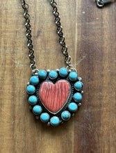Load image into Gallery viewer, Navajo Sterling Silver Spiny Oyster Heart Turquoise Cluster Chain Necklace CY