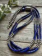 Load image into Gallery viewer, Sterling Silver Multi Strand Lapis W Pearls Bead Necklace 30 inch