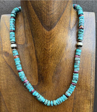 Load image into Gallery viewer, Sterling Silver Heishi Turquoise Purple Spiny Oyster Bead Necklace. 18 Inch