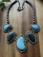 Load image into Gallery viewer, Navajo Sterling Silver Black Jack Kingman Turquoise Lariat Pearls Chain Necklace