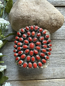 Navajo Native Sterling Silver Red Mediterranean Coral Cuff Bracelet C Yazzie