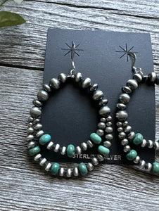 Southwestern SterlingSilver Green Turquoise Pearls Double Loop Earrings 2.5 Inch
