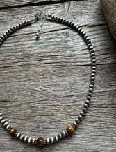 Load image into Gallery viewer, Sterling Silver 4mm Pearls with Brown Tigers Eye Bead Necklace Choker. 14 inch