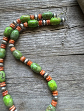Load image into Gallery viewer, Sterling Silver Orange Spiny Oyster Green Turquoise Bead Necklace. 20 inch