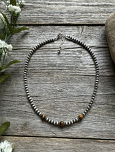 Load image into Gallery viewer, Sterling Silver 4mm Pearls with Brown Tigers Eye Bead Necklace Choker. 14 inch