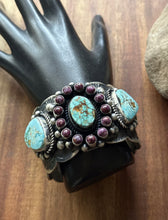 Load image into Gallery viewer, Navajo Sterling Silver Purple Spiny Oyster Turquoise Cluster Cuff Bracelet RY