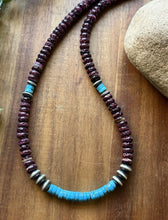 Load image into Gallery viewer, Sterling Silver Purple Spiny Oyster Heishi Turquoise Pearls Bead Necklace 18”