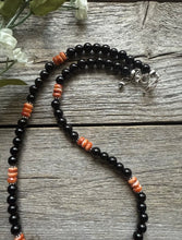 Load image into Gallery viewer, Sterling Silver Black Onyx Orange Spiny Oyster Bead Necklace. 18 Inch Gift