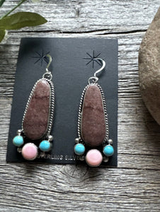 Navajo Sterling Silver Multi Stone Turquoise Pink Conch Earrings RY