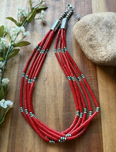 Load image into Gallery viewer, Sterling Silver Multi Strand Heishi Bamboo Coral Turquoise Bead Necklace 22 Inch