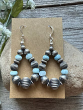 Load image into Gallery viewer, Sterling Silver Blue Larimar W Pearls Bead Loop Corrugated Earrings. 2.4 Inch