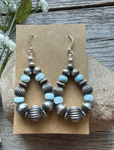 Sterling Silver Blue Larimar W Pearls Bead Loop Corrugated Earrings. 2.4 Inch