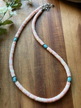 Load image into Gallery viewer, Sterling Silver Heishi Pink Conch Turquoise Bead Necklace 18 Inch