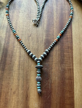 Load image into Gallery viewer, Sterling Silver Spiny Oyster Turquoise Pearls Lariat Y Bead Necklace. 28 inch