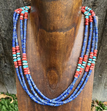 Load image into Gallery viewer, Sterling Silver Multi Strand Stone Lapis Spiny Turquoise Bead Necklace. 20 inch