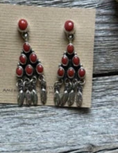 Load image into Gallery viewer, Navajo Native American Sterling Silver Red Coral Cluster Earrings. Gift Geneva