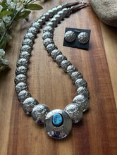 Load image into Gallery viewer, Navajo Sterling Silver Turquoise Stamped Pillow Beads Bead Necklace Earrings 22”