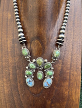 Load image into Gallery viewer, Navajo Sterling Silver Sonoran Gold Golden Hills Turquoise Lariat Naja Necklace