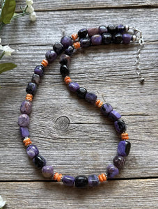 Sterling Silver Charoite Nuggets Orange Spiny Oyster Bead Necklace. 18 Inch