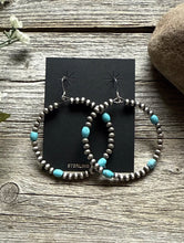 Load image into Gallery viewer, Southwestern Sterling Silver Turquoise Pearls Bead Hoop Earrings 2.5 Inch