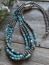 Load image into Gallery viewer, Sterling Silver Multi Strand Blue Turquoise Nuggets Pearls Bead Necklace 30 inch