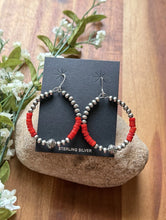 Load image into Gallery viewer, Sterling Silver Red Coral Bead W Pearls Loop Hoop Earrings.