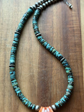 Load image into Gallery viewer, Sterling Silver Graduated Turquoise Heishi Spiny Oyster Bead Necklace 17.5 Inch