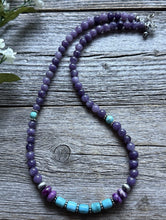 Load image into Gallery viewer, Sterling Silver Dyed Sugilite Charoite W Turquoise Bead Necklace 18 inch