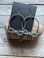 Load image into Gallery viewer, Sterling Silver Bow Red Coral Pearls Hoop Bead Earrings 3.5 Inch