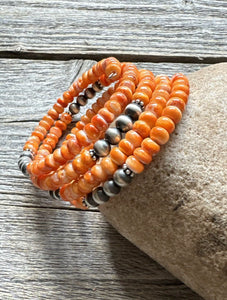 Sterling Silver Orange Spiny Oyster Pearls Bead Wrap Spiral Bracelet Free Size