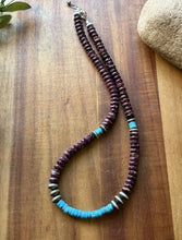 Load image into Gallery viewer, Sterling Silver Purple Spiny Oyster Heishi Turquoise Pearls Bead Necklace 18”