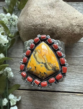 Load image into Gallery viewer, Navajo Sterling Silver Bumblebee Jasper Red Coral Cluster Cuff Bracelet KY