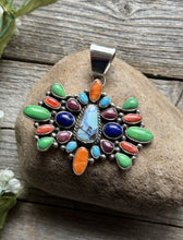 Load image into Gallery viewer, Navajo Sterling Silver Multi Stone Golden Hill Turquoise Spiny Oyster Pendant LY