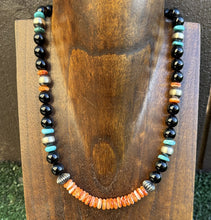Load image into Gallery viewer, Sterling Silver Black Onyx Multi Stone Turquoise Spiny Bead Necklace 18 Inch