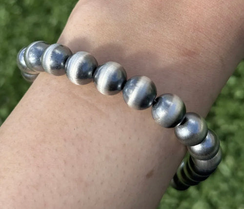 10mm 7 Inch 925 Sterling Silver Oxidized Pearls Bead Bracelet Southwestern