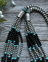 Load image into Gallery viewer, Sterling Silver Multi Strand Black Onyx with Turquoise Bead Necklace. 30 Inch