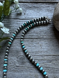 Sterling Silver Blue Turquoise W 6mm Pearls Bead Necklace. 18 inch