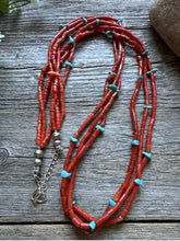 Load image into Gallery viewer, Native American Sterling Silver Multi Strand Coral Turquoise Bead Necklace 30”