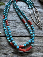 Load image into Gallery viewer, Native American Sterling Silver Multi Strand Turquoise Coral Bead Necklace 34”