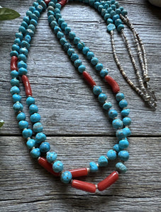 Native American Sterling Silver Multi Strand Turquoise Coral Bead Necklace 34”